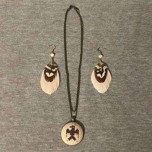 Pair of feather earrings and adjustable bronze chain necklace w/ Phoenix pendant